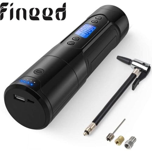 Fineed mini air compressor 12V 150 PSI tire inflator for car motor bicycle Tire Pump with tire Gauge LED Light power bank