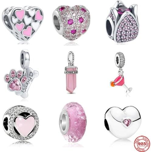 Hot Sale 100% Real 925 Sterling Silver Pink Ribbon diy Charm Fit Original Pandora Bracelet Making Fashion DIY Jewelry For Women