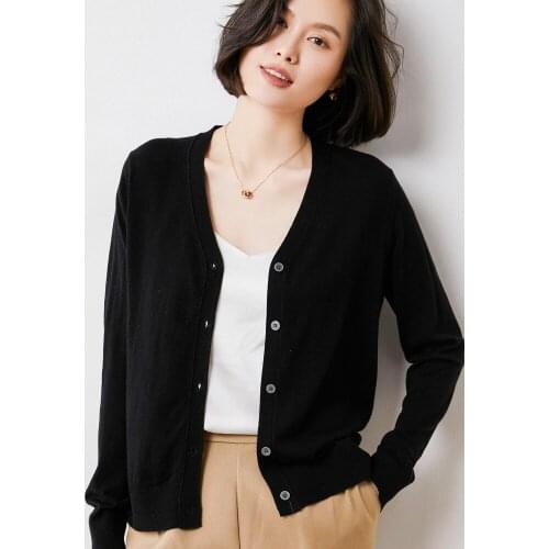 Cardigan 2021 Spring and Autumn New V-neck Pure Wool Sweater Womens Casual Tops Large Size Pure Color Knitwear
