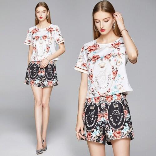 Summer Runway 2 Piece Women Ladies Sets Vintage Print Crew Neck Short Sleeve Casual Top Shirt Blouse Shorts Tracksuits Outfits