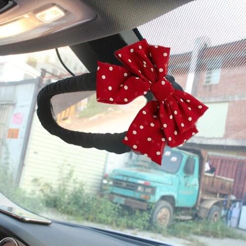 Cute Dot Bowknot Car Interior Mirror Cover Cartoon Plush Auto Rearview Mirror Case Decoration Accessories For Women and Girls