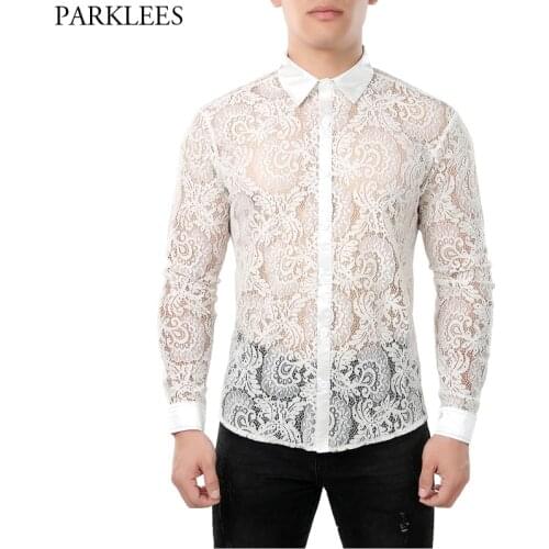 Mens Sexy Fishnet Button Down Shirt Long Sleeve Nightclub Style Mesh See Through Dress Shirts Party Event Lace Sheer Blouse 2XL