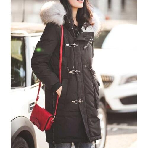 New Fashion Medium Length Womens Jackets Hooded Raccoon Fur Collar Warm Down Coat Womens Slim Outwear Jackets Winter YYJ11