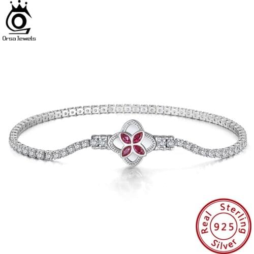 ORSA JEWELS 925 Sterling Silver Spin Clover Tennis Bracelet for Women Full Paved AAAA Zircon Hand Chain Bracelets Jewelry SB110