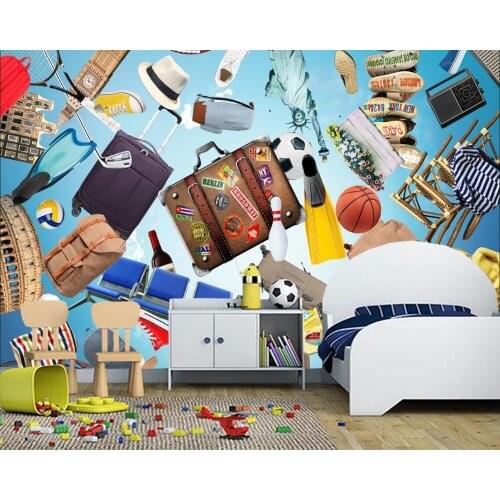 Papel de parede Radio Suitcase Ball Hat receiver cartoon wallpaper,living room bedroom TV wall kids'room wall papers home decors