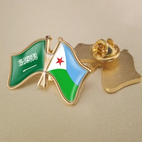 Saudi Arabia and Djibouti Crossed Double Friendship Flags Lapel Pins Brooch Badges