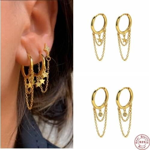 Aide 925 Sterling Silver Small Star Beads Pendant Hoop Earrings For Women Girls Tassel Chain Circle Earring Party Fine Jewelry