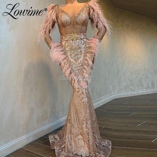 Mermaid Evening Dresses Glitter Feather Wedding Party Gowns 2019 V Neck Arabic Dubai Gowns Custom Made Robe De Soiree Prom Dress