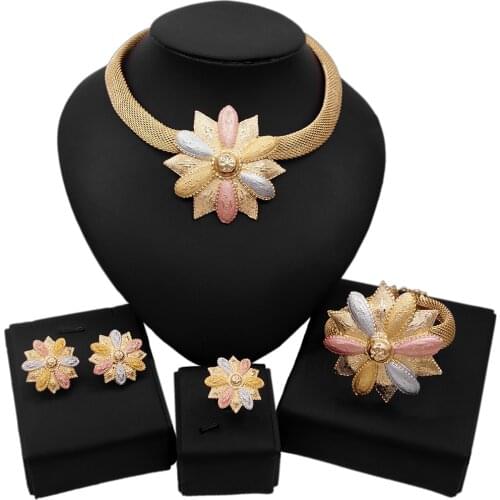 Yulaili High Quality Jewelry For Women Flower Shape Necklace Stud Earrings Charm Bracelet Ring African Jewelery Set Wholesale
