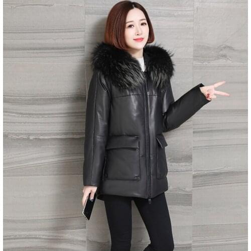 Womens Leather Jacket Raccoon Fur Collar Hooded Coat Female Korean Warm Womens Sheepskin Coats Womens Down Jacket Ropa Zjt621