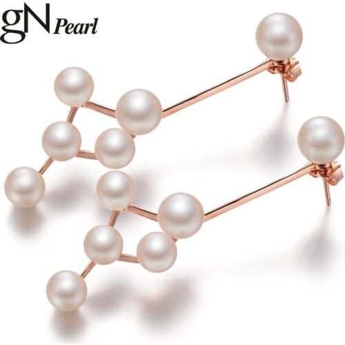 GNpearl 925 Sterling Silver Gold Plate Genuien Natural Freshwater Pearls Drop Line Stud Earrings Fine Jewelry for Women Gift