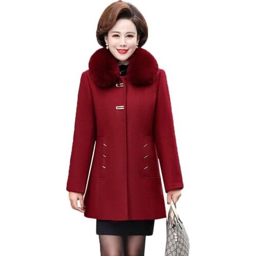 Women Woolen Coats Autumn Winter Fashion Middle-aged Wool Overcoat Woman Thicken Big fur Collar Elegant Plus Size Outerwear R633