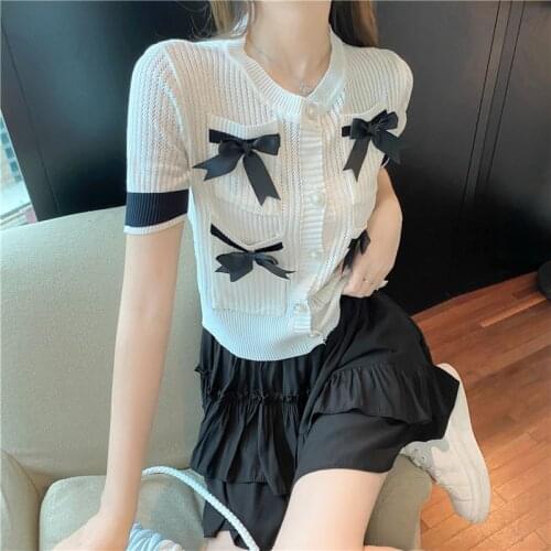 2021 New Summer Knitted Cardigan Women Sweet Bow Knot Decorated Short Tops Hollow Out Short Sleeve Single-breasted Thin Sweater