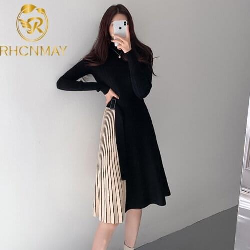 Women Sweater Dress Long Sleeve Crew neck Elegant Knitted Dress 2020 Autumn Winter Casual Slim Splicing knitting Dress