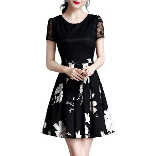 Patchwork Women Party Dress Summer Lace Short Sleeve Slim Floral Print Fashion Black Vestidos Sukienki Ropa Mujer Robe 6559