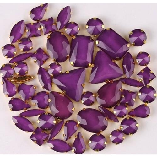 Gold claw settings 50pcs/bag shapes mix jelly candy Lt amethyst glass crystal sew on rhinestone wedding dress shoes bags diy