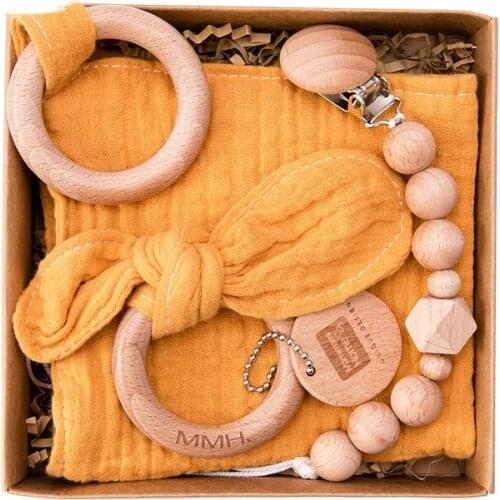 Baby Bib Cotton Bunny Ear Wooden Teether 1PC Baby Shower Gift Wooden Beads Pacifier Clip Infant Products for 0-12 Months Newborn