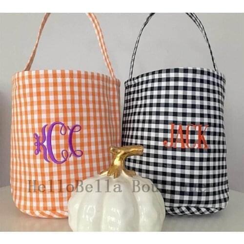 10pcs Gingham Halloween Buckets Monogrammed Black Candy Bucket Fall Basket Personalized Halloween Gingham Trick or Treat Totes