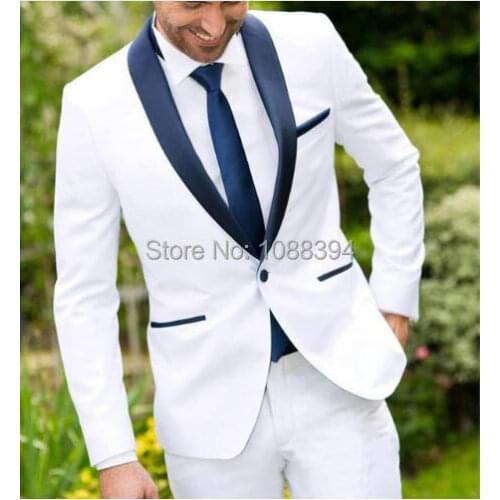 2018 One Button White Best Man Wedding Groom Mens Tuxedos suits Navy Blue Shawl Lapel Custom Made Business Slim Fit Mens Suit