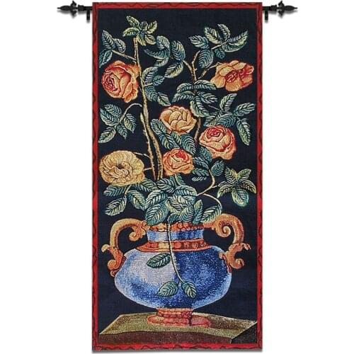 45x92cm Belgian Tapestry Vase Flowers 100% Cotton Mural Wall Blanket Decorative Cloth Home Cafe Decoration Wall Hanging Crafts
