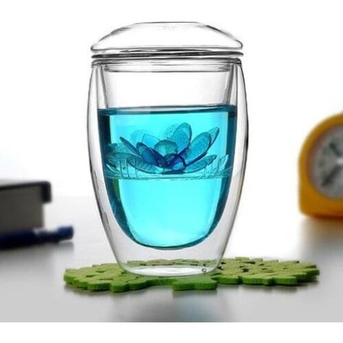 Free shipping tea drink ware high borosilicate glass tea cup, transparent food grade 350ml with infuser egg shape cup
