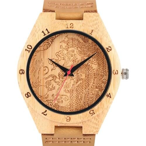 Top Natural Bamboo Wood Watches Handmade Genuine Leather Quartz Wristwatch Creative Dragon Design Numbers Mens Clock Gift