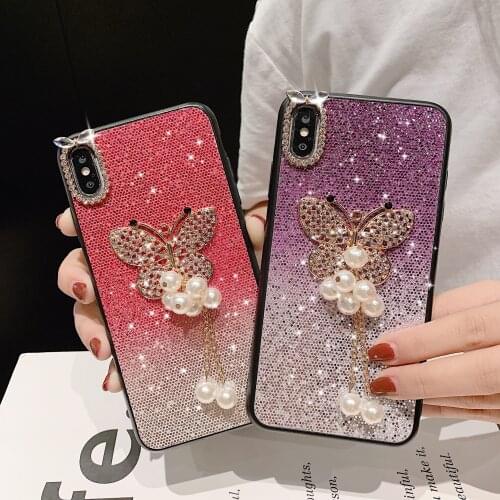 Fashion Pearl Pendant Beautiful Bling Diamond Butterfly Gradient Glitter Case Cover For Iphone 11 Pro XS Max XR X 8 7 6 6S Plus