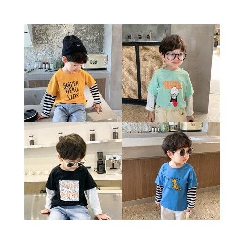 Baby Cartoon Fake Two-piece T-shirt Boys Autumn Long-sleeved Bottoming Shirt Children Spring and Autumn Tops Korean Kids Top Tee