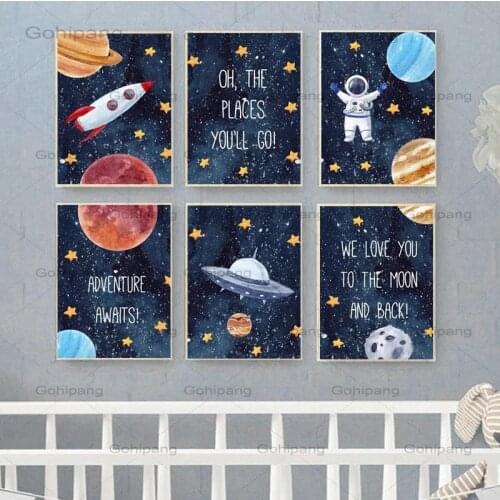 Nursery Canvas Painting Space Astronaut Picture Spaceship Ufo Posters and Prints Childrens Room Decor Universe Picture for Kid
