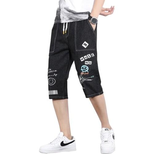 New Summer Casual Mens Jeans Thin 5-Point Pants Black Blue Drawstring Knee-Lenth Denim Shorts Man Printed Half Pant For Cowboy