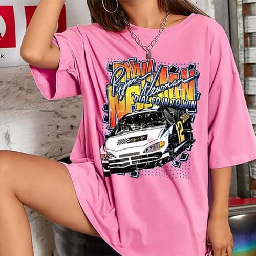 Vintage Car Print Letter Graphic Tee Women Oversized T Shirt Short Sleeve Tees Summer Casual Shirt Streetwear Fashion Pink Tops