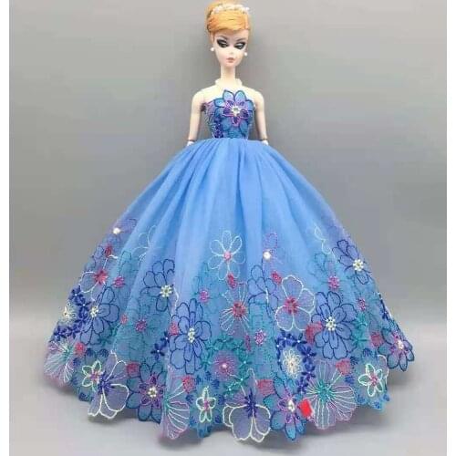 Pretty Blue Floral Princess Dress 1/6 BJD Clothes for Barbie Dolls Outfits Vestidos Wedding Gown 30cm Doll Accessories Toys Gift