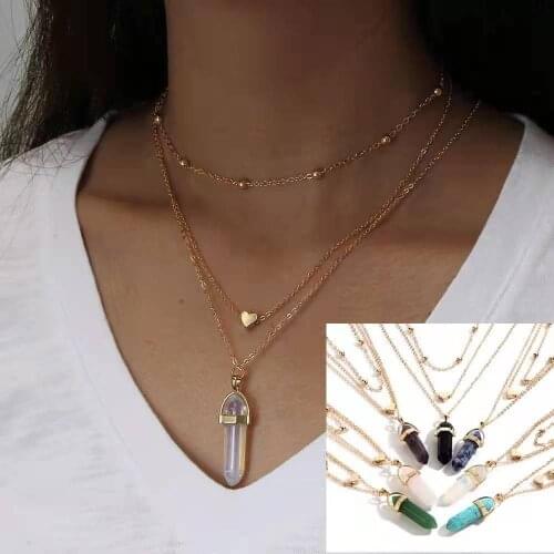 Fashion Personality Womens Necklace Creative Simple Hexagonal Diamond Gemstone Love Multi-Layer Necklace 2021 Trend Party Gift