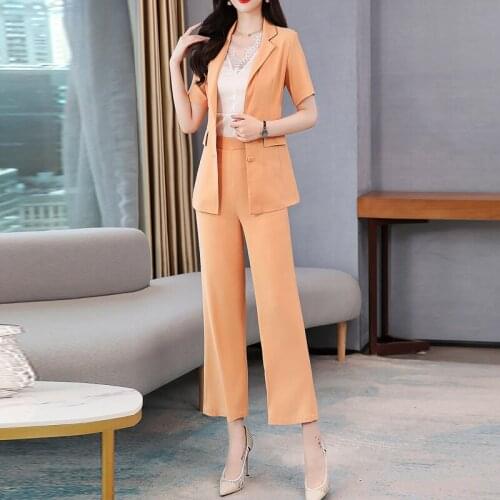 New Summer Womens Pant Suit Single Breasted Notched Short Sleeve Blazer Jacket & Wide Leg Pant Women Suits Female Sets