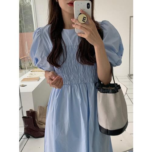New Korean Fashion One-Piece WomenS Dress 2021 Summer Elegant French Gentle O Neck Pleated Design Puff Sleeve Dress Midi Dress