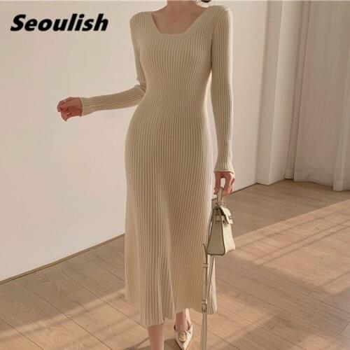Seoulish Autumn Winter 2021 New Elegant Knitting Wrap Dresses Solid Long Sleeve Square Collar Office Long Sweater Dresses Female