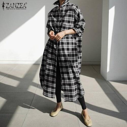 2021 ZANZEA Autumn Shirt Dress Fashion Women Check Sundress Long Sleeve Maxi Vestidos Female Button Lapel Robe Femme Oversize
