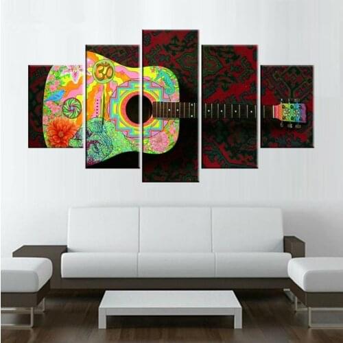 Canvas HD Prints Poster Home Decor Wall Art 5 Pieces Color Graffiti Abstract Guitar Pictures India Sacred Om Paintings(No Frame)