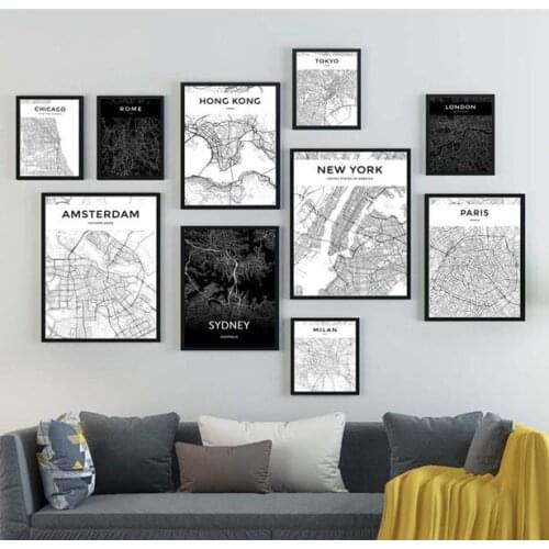Custom London Paris New York Posters Rome Map Black and White Art Abstract World City Map Nordic Prints Wall Art Canvas Painting