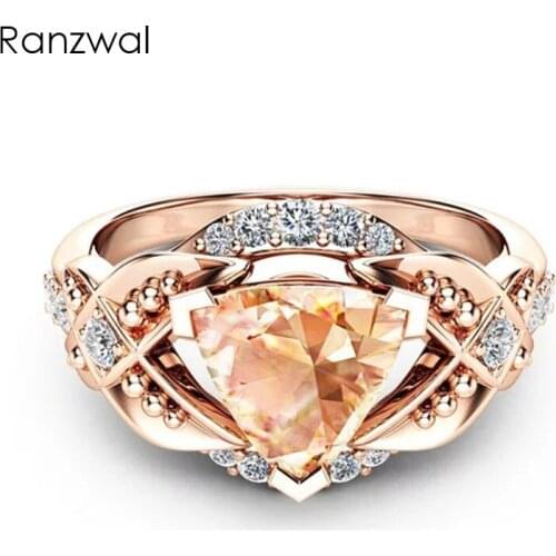 Ranzwal Fashion Rose Gold Filled Rings for Women Triangle Champagne Cubic Zircon Ring Party Jewelry US SIZE 6~10