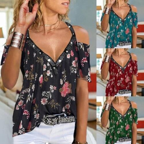 Plus Size Women& Fashion Loose Casual off shoulder Floral print V neck splice summer shirt tops tshirt