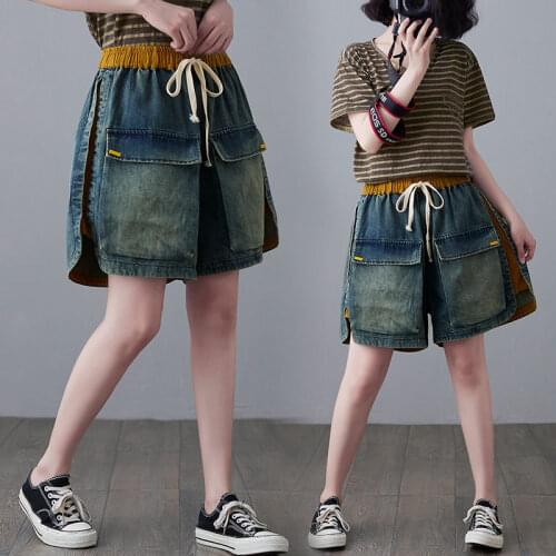 High Waist Denim Shorts Women 2021 Summer Vintage Jeans Loose Big Pockets A-Line Wide Leg Shorts Hit Color Bottoming ZH1584