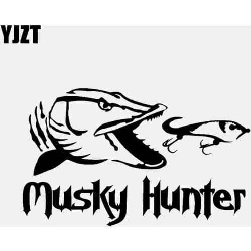 YJZT 16.3CM*9.9CM Vinyl Car Stickers Fishing Musky Hunter Cartoon Fish Decal Black/Silver C24-1054