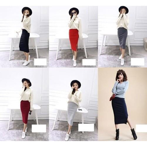 Autumn Winter Bodycon Skirt Women Stretchable Split Skirt Mid Calf Slim Pencil Skirts For Women Female Knit Skirt