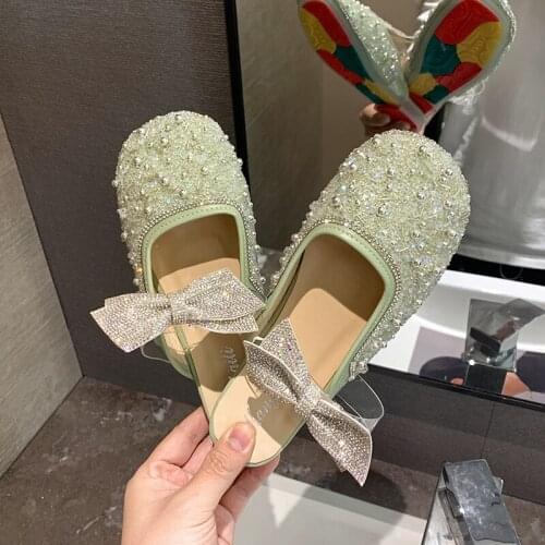 Slippers Mules 2021 Summer New Fashion Round Head Flash Diamond Bow Low Heel Outdoor Slippers