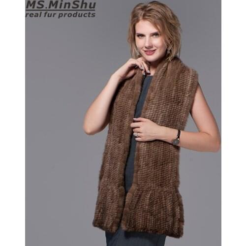 Ms.MinShu Natural Mink Fur Scarf Hand Knitted Long Mink Fur Scarf Woman Winter Scarf Wrap Genuine Mink Fur Shawl Female