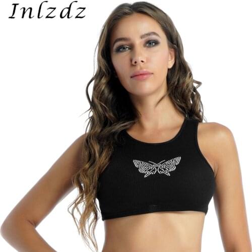 Womens Rave Top Stylish Sparkly Rhinestone Butterfly Sport Running Cropped Tank Top Summer Fashion Ribbed Vest Tops Clubwear