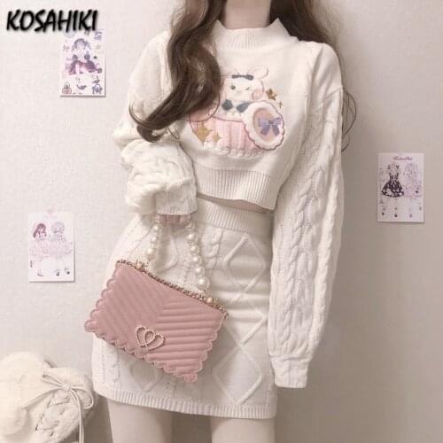 KOSAHIKI Japan Kawaii Knitted Two Pieces Set Women Catoon Rabbit Crop Sweater + High Waist Mini Knit Skirts Harajuku Outfits