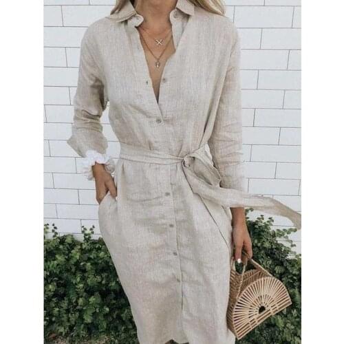 Women Plus Size 5xl Green White Black Linen Dress Sashes Long Sleeve Button Up Long Shirt Dress 2021 Casual Robe Chemise Femme