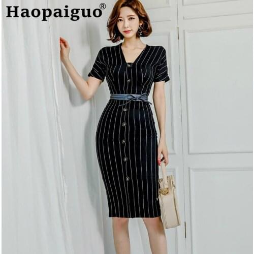 Plus Size Print Strip OL Office Work Dress Women with Sashes Singer Button Bodycon Ladies Dresses Summer 2019 Elegant Wrap Dress